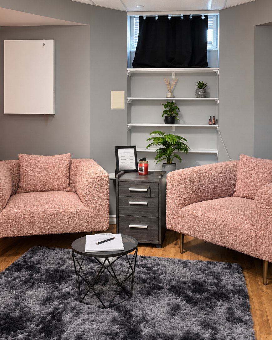 The Bare Perfection waiting area: two blush bouclé armchairs, a rose curtain, open shelving with plants and a soft grey rug