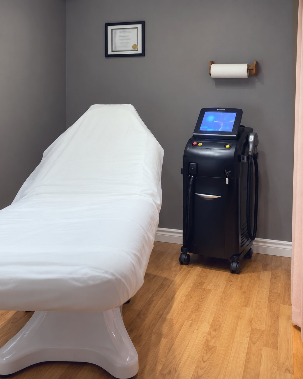 AI-enhanced photo of Bare Perfection's treatment room with a treatment bed and laser machine